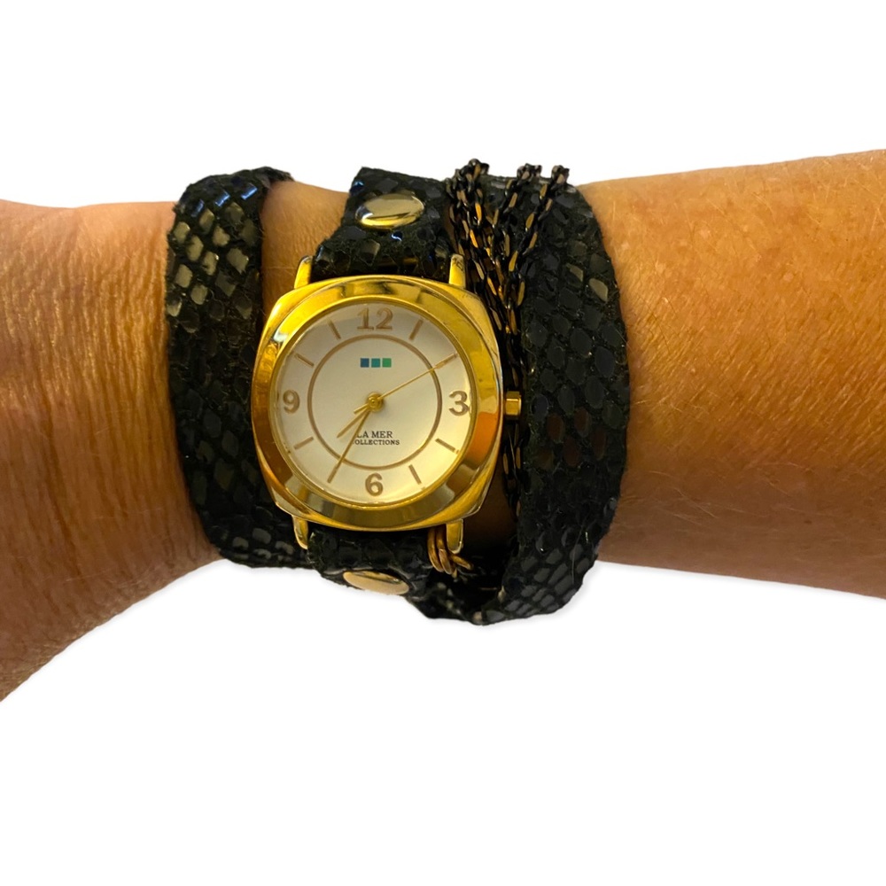 La Mer Collections Watch-Black faux snakeskin with gold details and copper chain